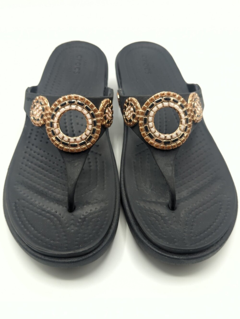 Crocs Black Sanrah Diamante Wedge Flip Flop Sandals with Embellishment